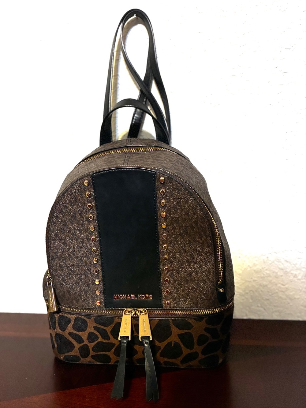 Michael Kors Brown, Black and Genuine Cowhide, Patterned Backpack
